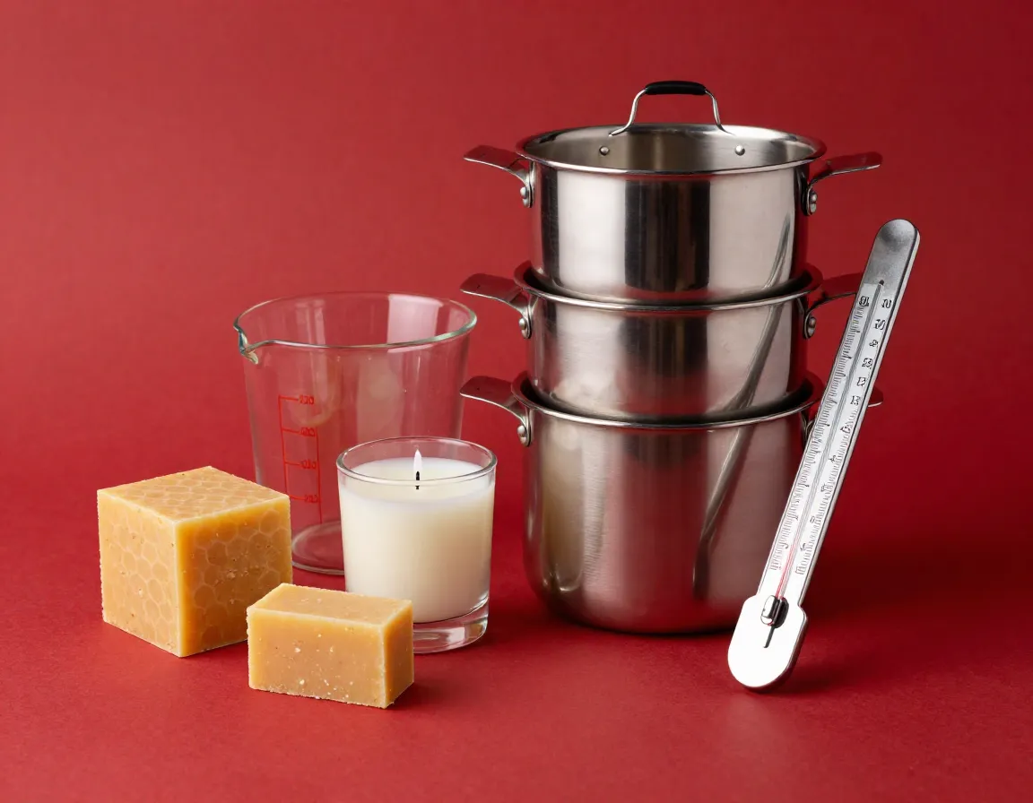 Premium candle-making materials including natural waxes and essential oils